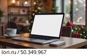 Laptop with a white screen mock up on table against background of Christmas decor of the cozy room with a Christmas tree, fairy lights. AI generated. Стоковое AI-видео, аниматор Ольга Симонова / Фотобанк Лори