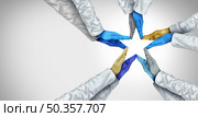 Medical star heroes and hospital worker hero as physicians joining hands forming a winning shape with a medicine group celebrating the group effort in fighting disease together metaphorin a 3D illustration style. Стоковое фото, агентство Ingram Publishing / Фотобанк Лори