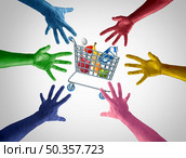 Supply shortage concept and consumer demand panic as diverse hands reaching for an almost empty supermarket shopping cart due to factory shutdown caused by manufacturing problem with 3D illustration elements. Стоковое фото, агентство Ingram Publishing / Фотобанк Лори