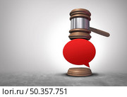 Speech laws and hate speech law concept or illegal misinformation and freedom of expression or censorship symbol as a justice judge gavel with a word bubble as a 3D illustration. Стоковое фото, агентство Ingram Publishing / Фотобанк Лори