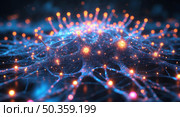 Futuristic neural network with pulsing nodes and iridescent glow in a dark digital expanse. Стоковое AI-изображение, AI-художник Андрей Бакусов / Фотобанк Лори