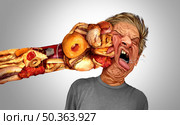 Painful eating habits as the pain of junk food nutrition and dietary health problem concept as a person being hit with an group of unhealthy fast food and snacks shaped as a fist with 3D illustration elements. Стоковое фото, агентство Ingram Publishing / Фотобанк Лори