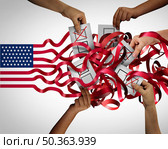 United States election confusion and Community vote or voting crisis concept as hands holding votes casting ballots in a tangled American flag as voters confused with 3D illustration elements. Стоковое фото, агентство Ingram Publishing / Фотобанк Лори