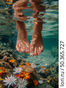 Beautiful woman's feet on water, underwater artworks. Стоковое AI-изображение, AI-художник Katsiaryna Repich / Фотобанк Лори