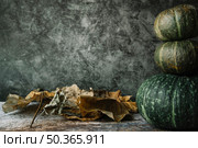 dried leaves near stack squashes. Стоковое фото, агентство Ingram Publishing / Фотобанк Лори