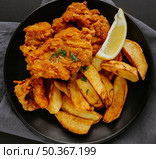 top view fish chips plate with lemon slice. Стоковое фото, агентство Ingram Publishing / Фотобанк Лори