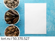 top view bowls with mussels clams. Стоковое фото, агентство Ingram Publishing / Фотобанк Лори