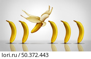 Inspiration and motivation concept as a group of generic bananas with one individual banana flying away as a symbol for individuality and disrupting the system or ED and erectile dysfunction. Стоковое фото, агентство Ingram Publishing / Фотобанк Лори