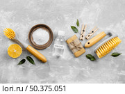 top view eco friendly cleaning products with brushes. Стоковое фото, агентство Ingram Publishing / Фотобанк Лори