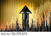 Oil increase fuel and gas price rising concept as liquid black crude petroleum as an upward arrow in a symbol for increasing prices in fossil energy due to market demand and supply shortages in a 3D illustration style. Стоковое фото, агентство Ingram Publishing / Фотобанк Лори