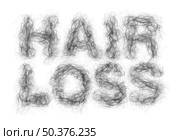 Hair loss or alopecia and balding medical concept as clumps of follicles shaped as text representing a receding hairline with thinning follicles resulting in baldness on a white background. Стоковое фото, агентство Ingram Publishing / Фотобанк Лори