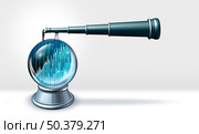 Business forecasting and future business forecast concept as a symbol for predicting the state of the economy as a crystal ball with a financial person looking forward with 3D illustration elements. Стоковое фото, агентство Ingram Publishing / Фотобанк Лори