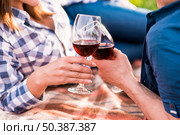 man woman clinking glasses picnic. Стоковое фото, агентство Ingram Publishing / Фотобанк Лори