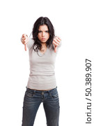 Girl with thumbs down, isolated against a white background. Стоковое фото, агентство Ingram Publishing / Фотобанк Лори