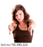 Beautiful young girl with thumbs down, isolated on white. Стоковое фото, агентство Ingram Publishing / Фотобанк Лори