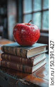 Red Apple Placed on Stacked Books in a Cozy Library Setting With Natural Light. Стоковое AI-видео, аниматор Юлия Гапеенко / Фотобанк Лори