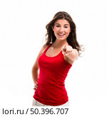 Beautiful young woman pointing to somewhere, isolated over a white background. Стоковое фото, агентство Ingram Publishing / Фотобанк Лори