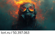 An atmospheric digital image in a post-apocalyptic style. In the foreground is a man in black clothes and a massive gas mask, from the lenses of which flames are reflected. Hair is engulfed in flames, a fire rages around. The environment is dark, with clouds of smoke and fiery sparks. The image symbolizes the end of the world, survival, disaster and fortitude. Suitable for use in themes related to post-apocalypse, science fiction, survival and dystopias. Стоковое AI-изображение, AI-художник Анна Кривицкая / Фотобанк Лори