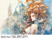 Watercolor fantasy illustration of a woman with lush, curly hair in warm shades that seem to blend into the background. In the background are majestic fairytale buildings in pastel blue and cream tones, creating the atmosphere of a magical city. The woman looks mysterious and confident, her pose is graceful, and her gaze is piercing. The composition combines tenderness, architectural luxury and a fantastic atmosphere. Стоковое AI-изображение, AI-художник Анна Кривицкая / Фотобанк Лори