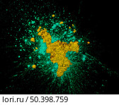 high angle view turquoise yellow rangoli colors splatted plain backdrop. Стоковое фото, агентство Ingram Publishing / Фотобанк Лори