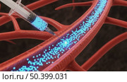 A close-up view of a syringe injecting blue particles into a red blood vessel. The scene illustrates medical technology and blood circulation. Стоковое AI-видео, аниматор Ольга Невская / Фотобанк Лори