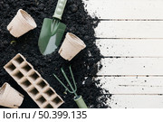 peat pot peat tray black soil with gardening shovel gardening rake wooden desk. Стоковое фото, агентство Ingram Publishing / Фотобанк Лори