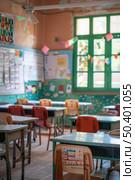 Classroom filled with rows of desks and chairs, each neatly aligned. The room appears ready for a lesson to commence. Стоковое AI-изображение, AI-художник Данила Большаков / Фотобанк Лори
