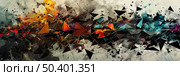 A painting featuring a multitude of bright colors and varying shapes arranged in a dynamic composition. Стоковое AI-изображение, AI-художник Данила Большаков / Фотобанк Лори