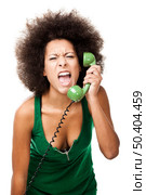 Afro-American young woman answering a call and yelling at phone, isolated on white background. Стоковое фото, агентство Ingram Publishing / Фотобанк Лори