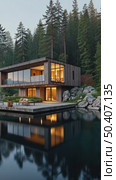 Modern house on a lake with a forest in the background. concept of ecological house keeping and luxury real estate, nature retreats, sustainable living, and tranquil, harmonious lifestyle. Стоковое AI-видео, аниматор Sergey Grishin / Фотобанк Лори
