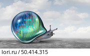 Sluggish Business and slow economic market growth and stalled stock market progress as a symbol for corporate problems to be quick as a financial fail concept with a snail in a 3D illustration style. Стоковое фото, агентство Ingram Publishing / Фотобанк Лори