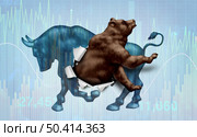 Emerging Bear market correction concept with a bull and bearish stock market  as a metaphor for change in investing sentiment and markets headed towards negative territory in a 3D illustration style. Стоковое фото, агентство Ingram Publishing / Фотобанк Лори