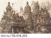 Atmospheric fantasy illustration in the style of steampunk or retrofuturism, depicting a dense urban development with many architectural details. Towers, domes, arches and balconies form a complex composition reminiscent of a mixture of European ancient architecture and a fictional world. The buildings look majestic and eclectic, each element is drawn with great care, creating the effect of an engraving or sepia. The illustration can be used to design fantasy books, games, tabletop role-playing adventures or steampunk design. Стоковое AI-изображение, AI-художник Анна Кривицкая / Фотобанк Лори