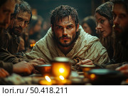 Atmospheric scene in historical or post-apocalyptic style: a group of men and women in simple and worn clothes sit at a wooden table in a warm, dimly lit room. The focus is on a man with a determined look and damp hair, wrapped in rough cloth, like a hero, leader or exile. Candles burn in front, creating warm light and shadows. The scene conveys tension, fortitude and unity of the group in difficult conditions. Стоковое AI-изображение, AI-художник Анна Кривицкая / Фотобанк Лори