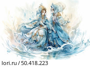 Watercolor fantasy illustration in soft blue and gold tones depicts two girls in luxurious traditional outfits inspired by the Russian style. Their clothes are decorated with patterns and gold elements, headdresses resemble kokoshniks. The women seem to float above the water or emerge from the water element, surrounded by splashes and waves. The atmosphere is filled with magic, grace and fabulousness. Suitable for book design, cultural projects, art posters. Стоковое AI-изображение, AI-художник Анна Кривицкая / Фотобанк Лори
