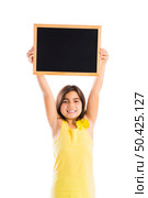 Young girl holding a chalkboard, isolated on white. Стоковое фото, агентство Ingram Publishing / Фотобанк Лори