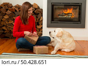 Beautiful woman at home wrapping presents for Christmas in the company of her dog. Стоковое фото, агентство Ingram Publishing / Фотобанк Лори