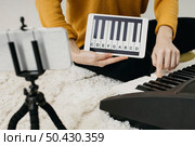female musician blogger streaming with smartphone home. Стоковое фото, агентство Ingram Publishing / Фотобанк Лори