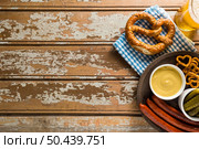 top view sausages with beer copy space. Стоковое фото, агентство Ingram Publishing / Фотобанк Лори