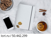 teatime plaid with opened notebook smartphone. Стоковое фото, агентство Ingram Publishing / Фотобанк Лори