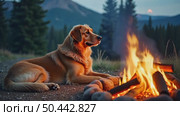 Man and pet dog rest next to campfire on hike trip. Стоковое AI-видео, аниматор Sergey Grishin / Фотобанк Лори
