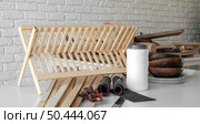 front view wood crafting objects assortment. Стоковое фото, агентство Ingram Publishing / Фотобанк Лори