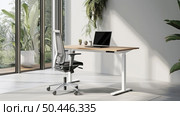 Neatly organized work space with an ergonomic office chair and a laptop on a wooden desk, bathed in natural light from a floor-to-ceiling window. Стоковое AI-изображение, AI-художник Данила Большаков / Фотобанк Лори