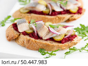 Sandwiches, toasts with salted herring and beetroot pate. Стоковое фото, агентство Ingram Publishing / Фотобанк Лори