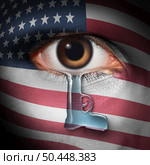 Guns In The United States as gun crime tragedy as an American crying with atear shaped as a firearm in a 3D illustration style. Стоковое фото, агентство Ingram Publishing / Фотобанк Лори