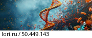 A vivid depiction of a double helix DNA structure surrounded by molecules in a microscopic view. Стоковое AI-изображение, AI-художник Данила Большаков / Фотобанк Лори