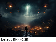 Solitary figure stands before a village under an eerie glow of descending UFOs, backlit by a large mothership beam. Стоковое AI-изображение, AI-художник Данила Большаков / Фотобанк Лори