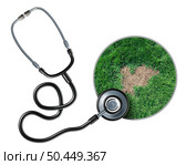Lawn care health and grub damage as damaged grass roots causing a brown patch disease in the turf as a specialist stethoscope to diagnose landscaping problems with 3D illustration elements. Стоковое фото, агентство Ingram Publishing / Фотобанк Лори