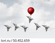Strategic leadership advantage metaphor as a leader using winning tools to win over the competition as an origami bird flying higher with a balloon with 3D illustration elements. Стоковое фото, агентство Ingram Publishing / Фотобанк Лори