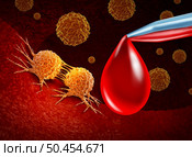 Cancer screening and blood test for early detection of malignant cells in a human body caused by carcinogens and genetics with a cancerous cell as an immunotherapy symbol and medical therapy diagnosis as a 3D illustration. Стоковое фото, агентство Ingram Publishing / Фотобанк Лори
